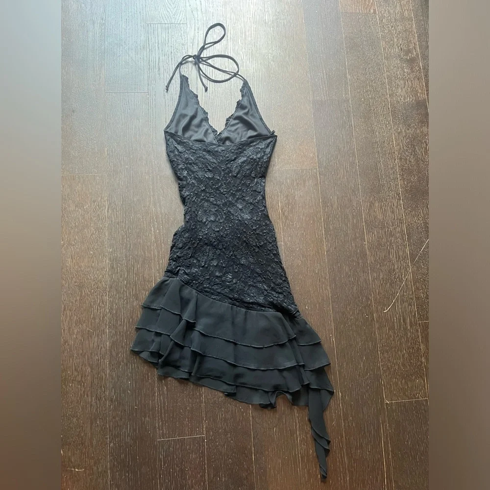 Vintage Black lace halter tie-up asymmetrical evening dress XS - Picture 14 of 15